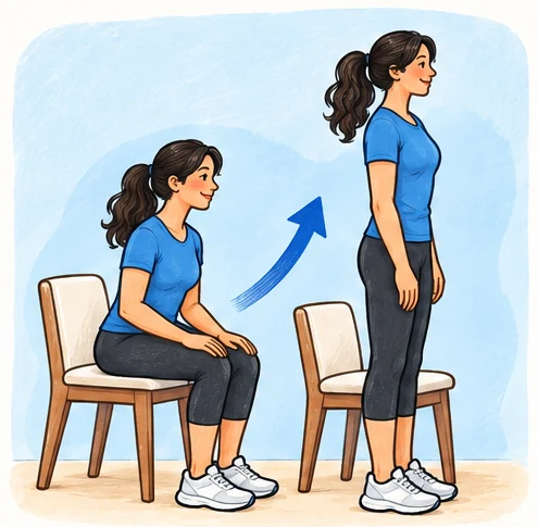 Woman moving from a sturdy chair to a standing position for a sit-to-stand exercise.