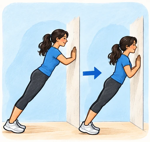 Woman performing a wall press-up, moving toward and away from a solid wall.