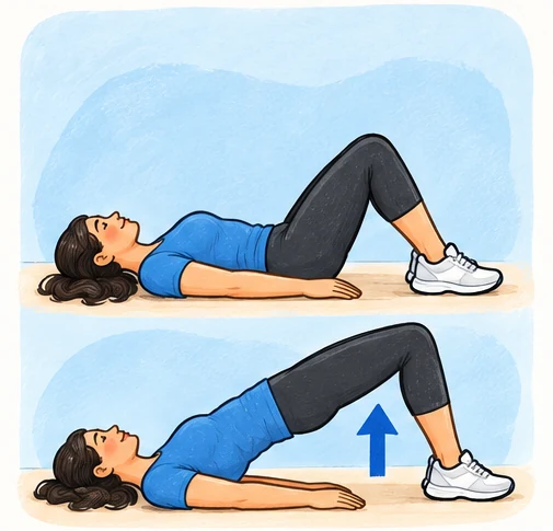 Woman lifting her hips from the floor during a glute bridge.