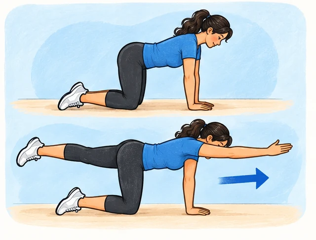 Woman progressing from hands and knees to a beginner bird-dog position.