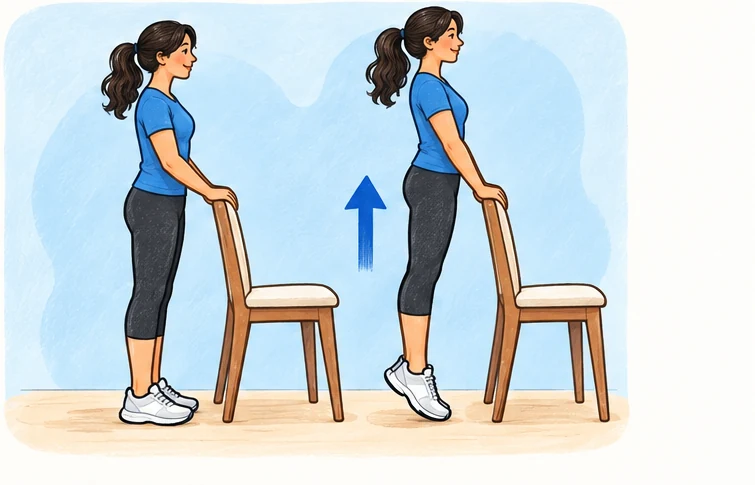 Woman holding a sturdy chair for balance while rising onto her toes for a calf raise.