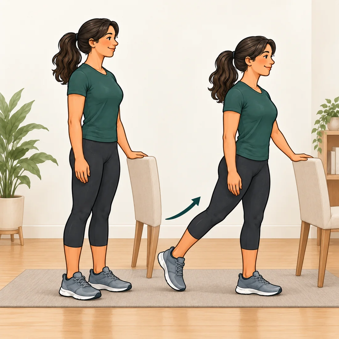Standing backward leg movement using nearby support.