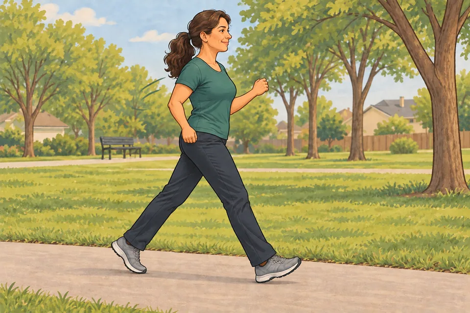 The same woman walking briskly on the same path with a more active arm swing.