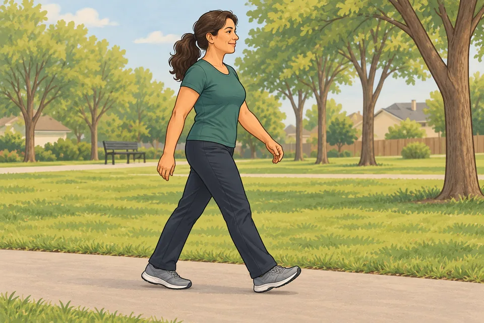 Adult woman walking easily on a level park path with a relaxed arm swing.