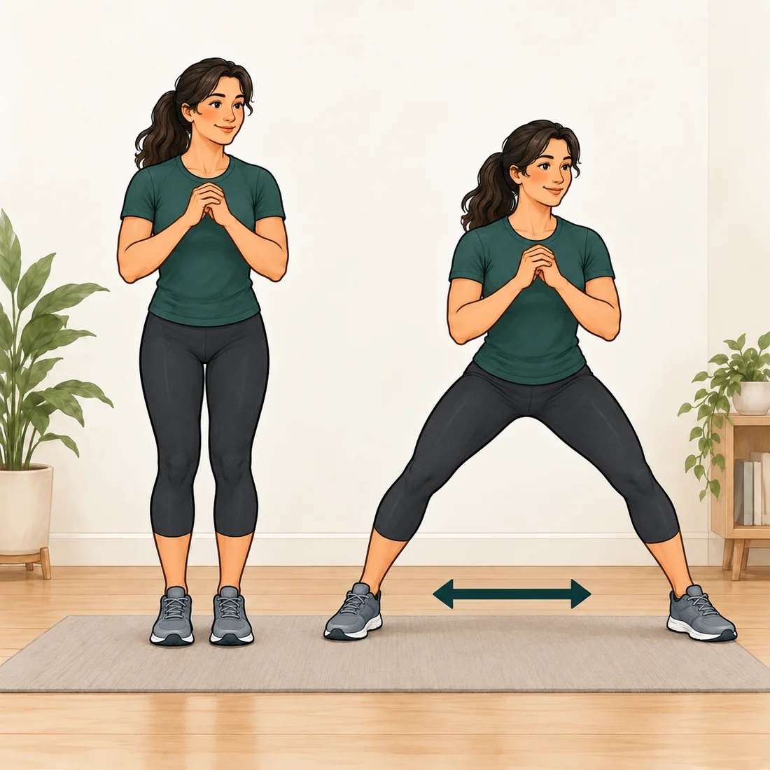 Side-step exercise showing starting position and a controlled step to the side.