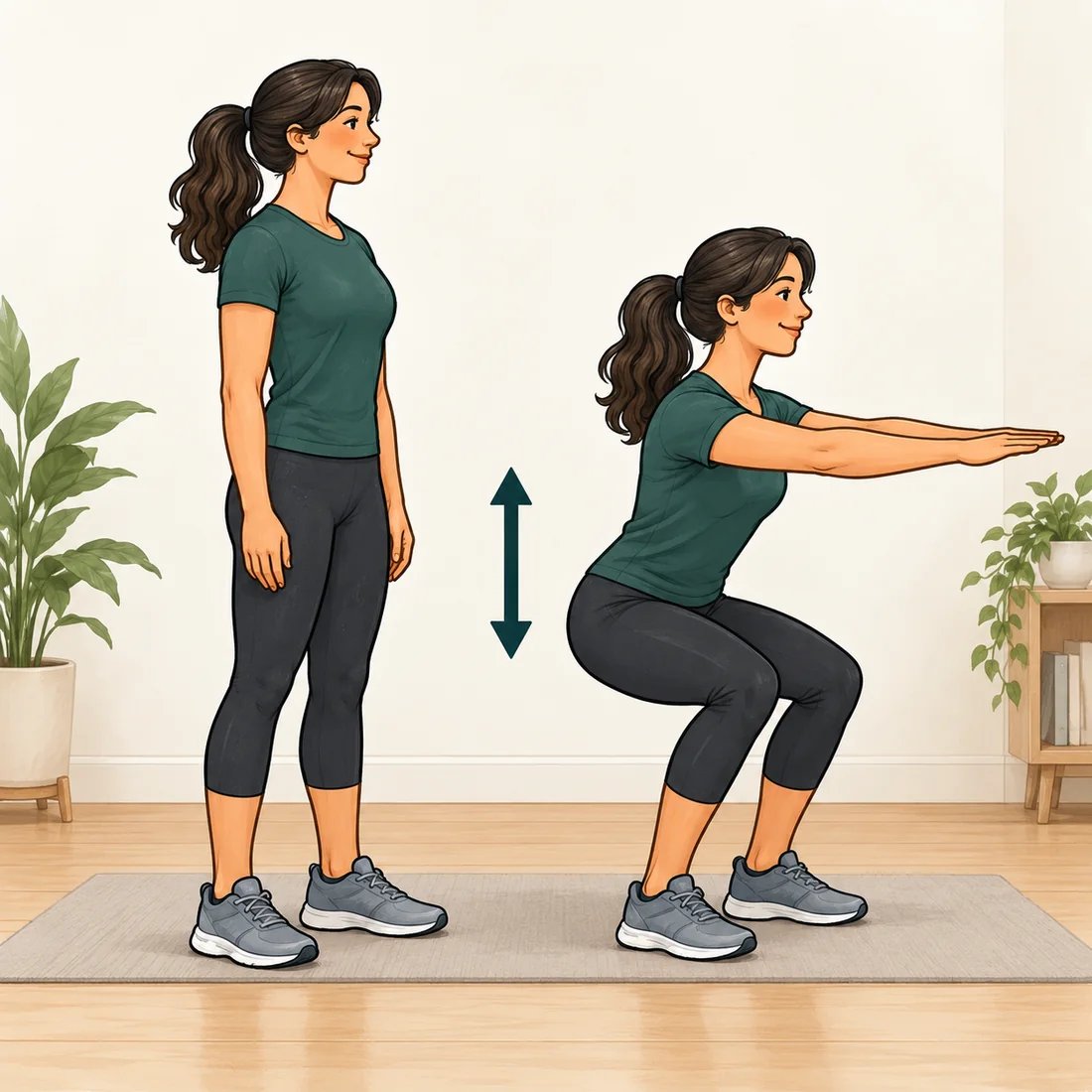 Mini squat exercise showing standing and bent-knee positions.
