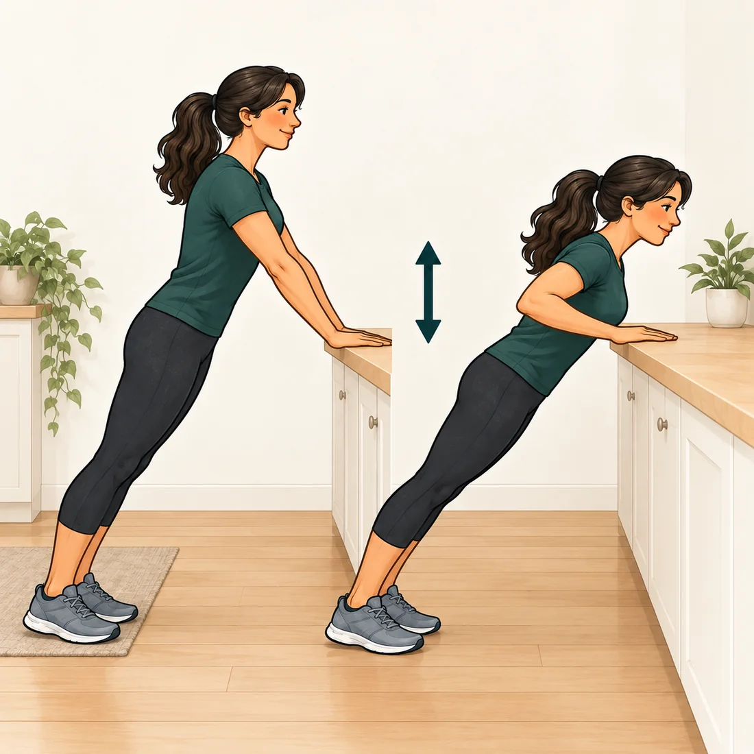 Counter press-up showing start and lowered positions against a fixed counter.