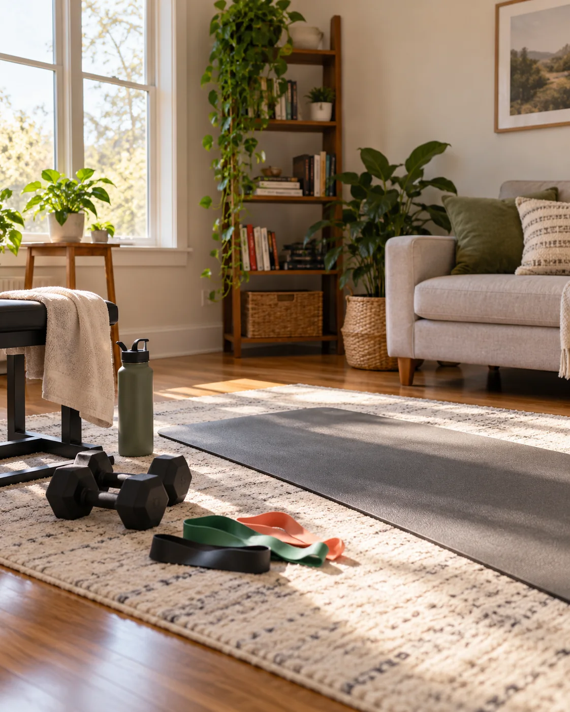 Simple home workout setup with an exercise mat, dumbbells and resistance bands in a living room.