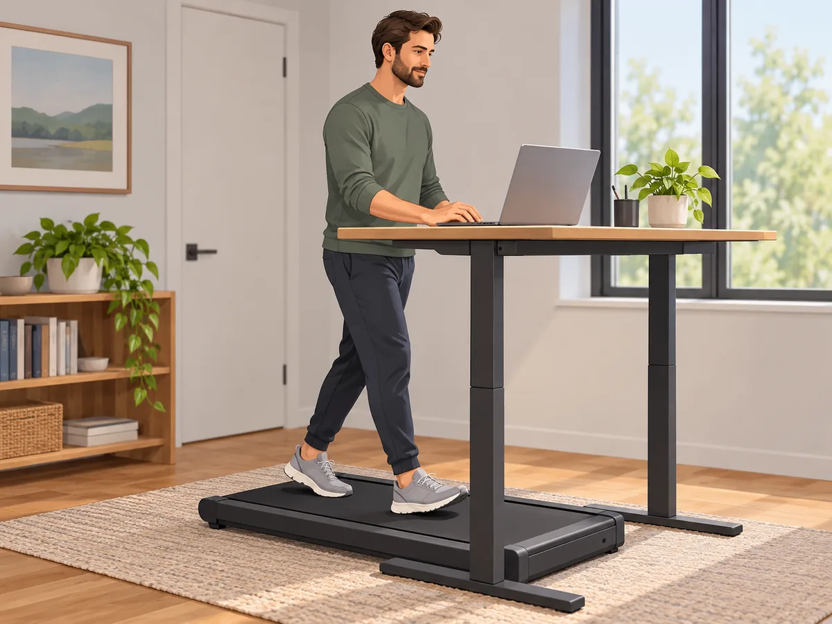 Shaded illustration of a person walking slowly on an under-desk treadmill while using a laptop at a height-adjustable desk.